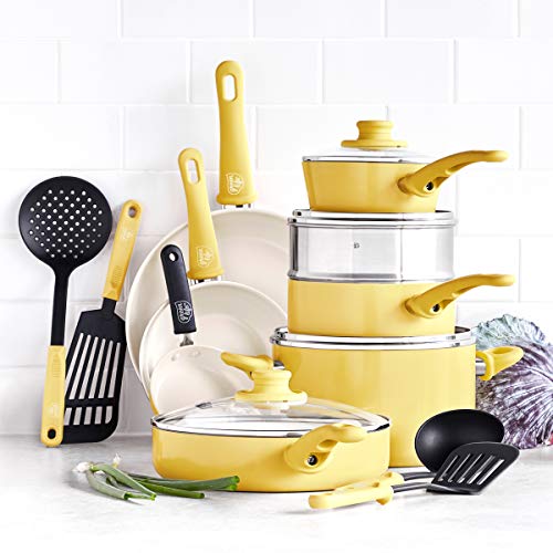 Greenlife Soft Grip Healthy Ceramic Nonstick Yellow Cookware Pots And Pans Set 16 Piece