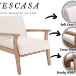 VESCASA Linen Accent Arm Chair with White Wash Wood Legs, Comfy Farmhouse Side Chair with 23.2″ Wide Upholstered Seat, Mid Century Modern Reading Chair for Living Room/Bedroom, White