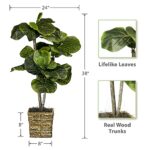 3.2FT Artificial Mini Fiddle Leaf Fig Tree in Woven Square Basket – Natural Wood Trunks w/Lifelike Foliage & Branches – Faux House Plant for Décor at Home, Office, Living Spaces – by LCG Florals