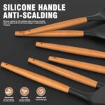 Silicone Cooking Utensils Set – Silicone Kitchen Utensils for Cooking Wooden Handles, 446°F Heat Resistant Kitchen Utensil Spatula Sets w Holder, Gadgets for Non-Stick Cookware BPA FREE (Black)