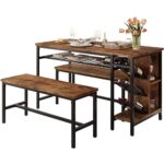 IRONCK 3-Piece Dining Table Set for 4, 47inch Kitchen Table with 2 Benches, Wine Rack and Glass Holder, Space-Saving Dinette for Dining Room, Apartment, Vintage Brown