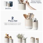 LE TAUCI Utensil Holder, 7.3″+5.4″ Ceramic Kitchen Utensil Holder for Countertop, Large Cooking Utensil Crocks Gift for Mom, Boho Farmhouse Kitchen Decor, Set of 2, Reactive Glaze Arctic White