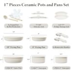 Bazova Ceramic Nonstick Cookware Set, Healthy,Non Toxic,17-Pieces Pots and Pans Set Removable Handles,Induction RV Kitchen Set,Stain & Scratch-resistant,Dishwasher/Oven Safe,PFAS/PFOA Free,Cream White