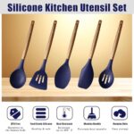 Miusco Non-Stick Silicone Kitchen Utensils Set with Natural Acacia Hard Wood Handle, 5 Piece, Midnight Blue, BPA Free, Baking & Serving Silicone Cooking Utensils