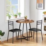 VECELO Round Kitchen Table with 2 Upholstered Chairs, 3-Piece Wood Dinette Sets with Steel Frame for Breakfast Nook, Dining Room, and Small Space, Brown