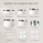 CAROTE 14pcs Pots and Pans Set, Stainless Steel Cookware Set Detachable Handle, Induction Kitchen Cookware Sets with Removable Handle, RV Cookware Set, Oven Safe, Camping Cookware, White